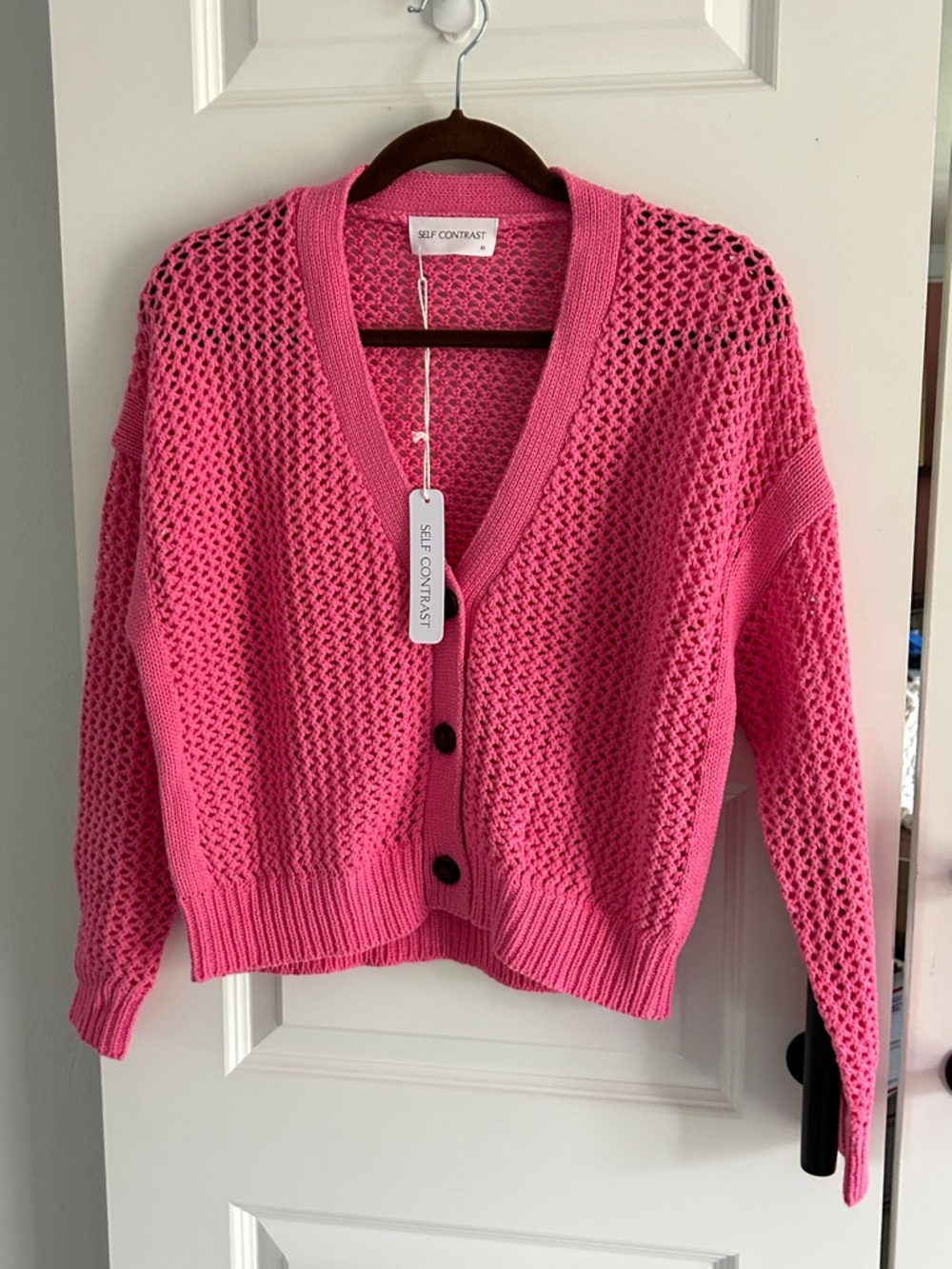 Anthro Self Contrast Pink‎ Open-Knit V-Neck Cardigan Sweater XS
